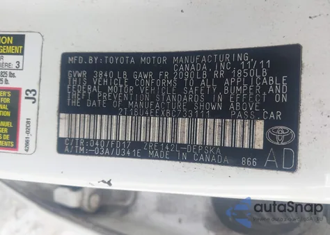 2011 Toyota Corolla S from USA, damaged, VIN 2T1BU4EEXBC733111